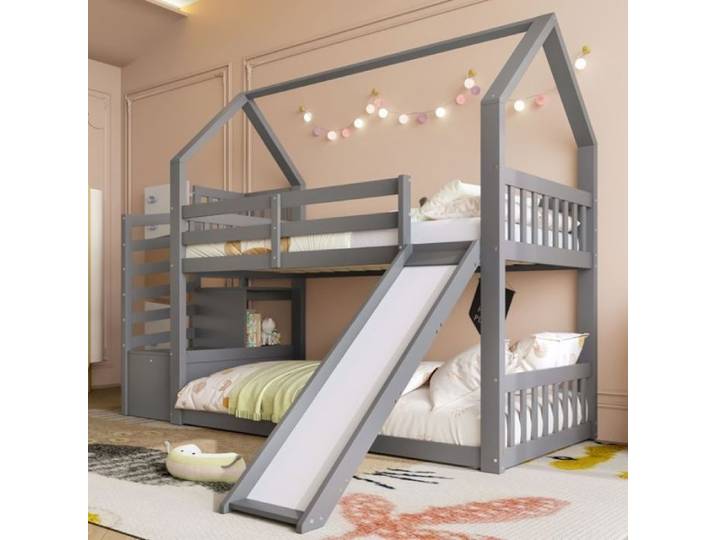Lit superposé - 90x200cm - Avec toboggan - Rangement - Sécurisé pour enfants