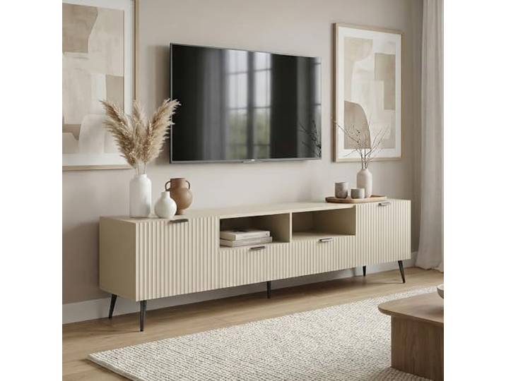 [en.casa] TV Schrank Nand Lowboard mit 2 Türen geriffelt Fernsehschrank mit 2 Schubladen 180 x 40 x 51 cm Sideboard Kommode Fernsehtisch Sandfarben