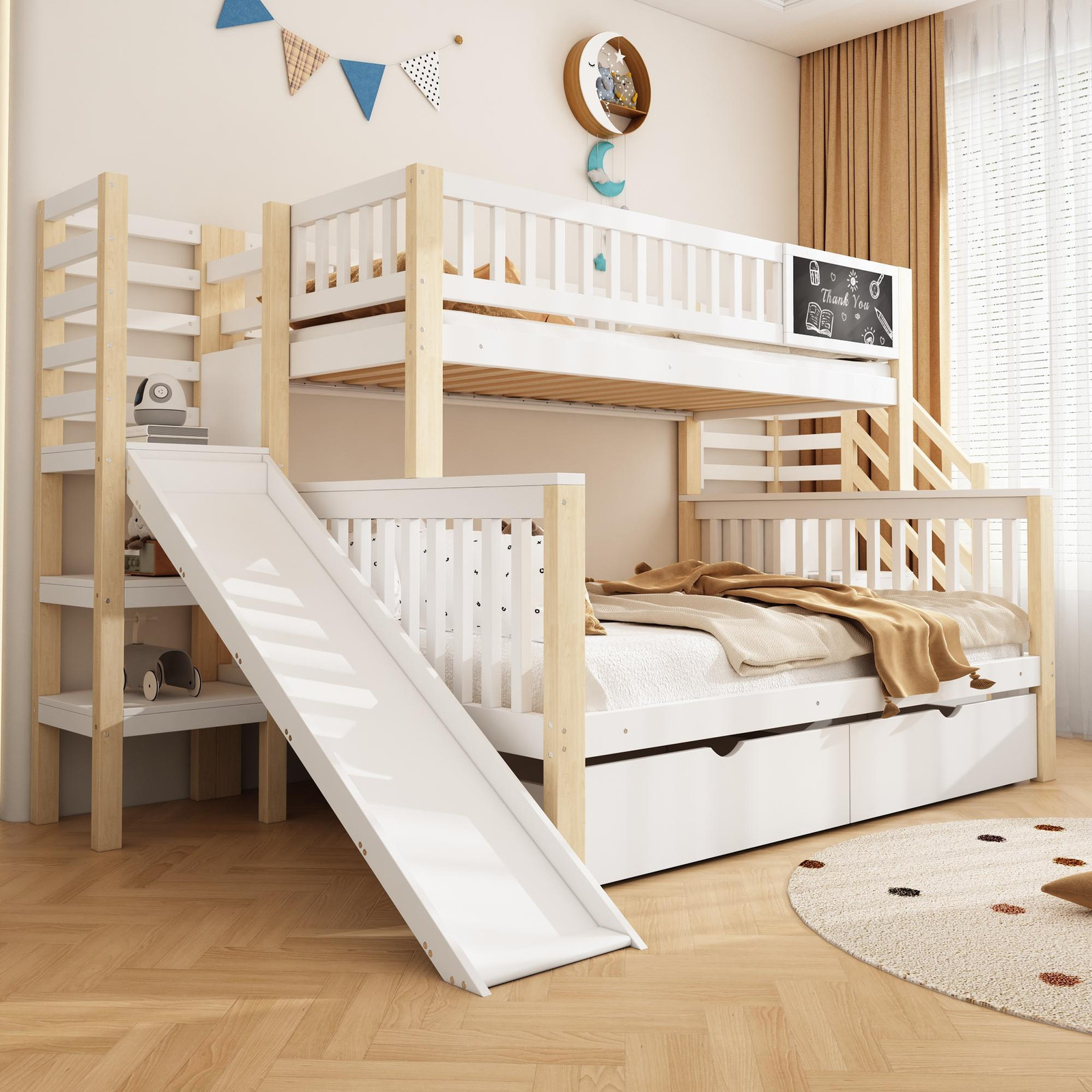Sweiko multifunctioneel kinderbed met trap, glijbaan, opbergkasten en whiteboard, wit