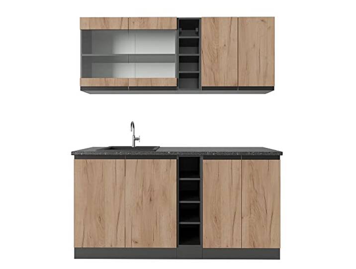 Vicco Singleküche R-Line, Goldkraft Eiche/Anthrazit, 160 cm J-Shape, AP Anthrazit, mit Arbeitsplatte und Spülbecken, anschlussfertig vormontiert