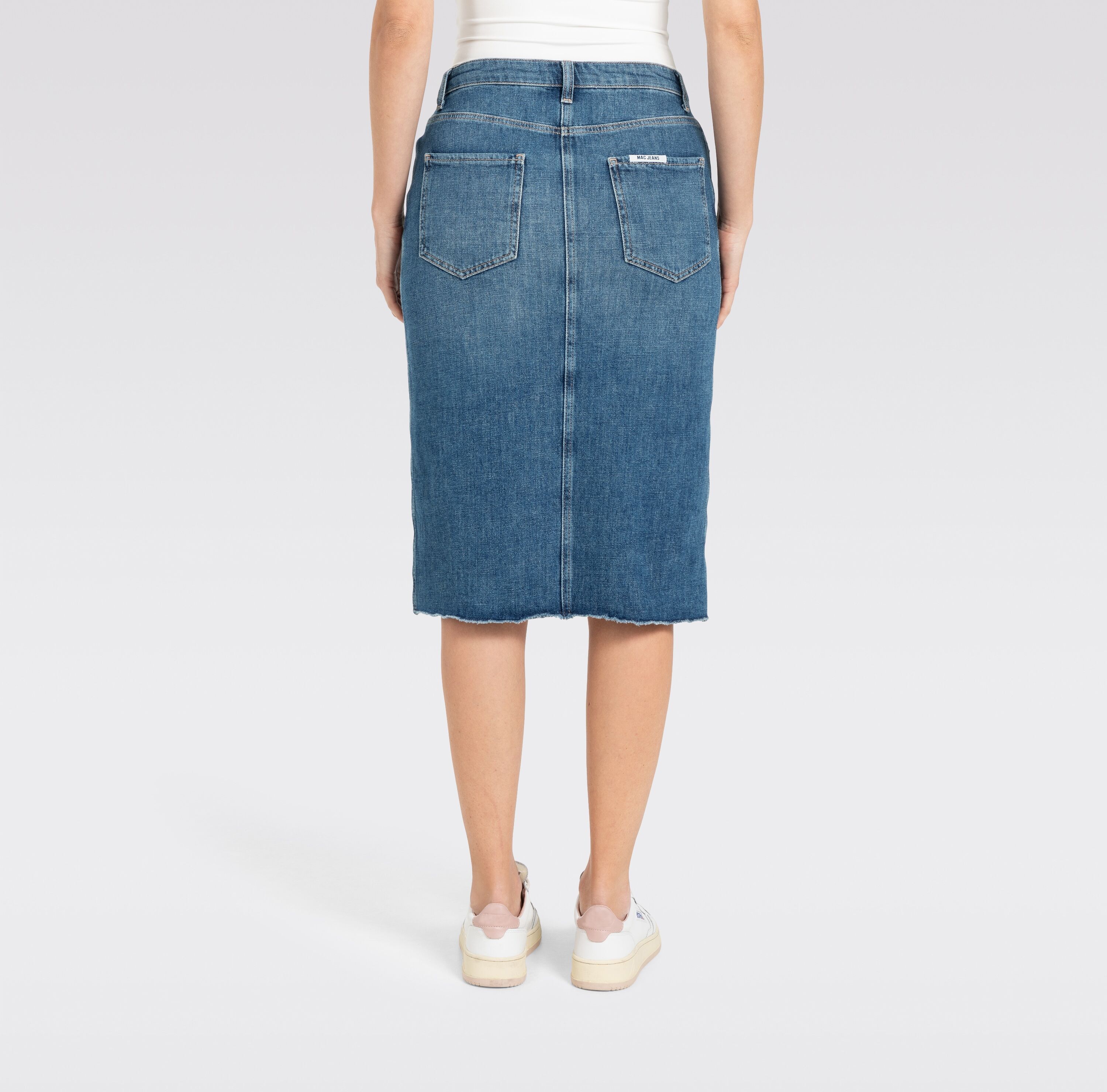 Midirock MAC "MIDI SKIRT fringe", Damen, Gr. L (40), blau (night sky used), Denim/Jeans, Obermaterial: 99% Baumwolle, 1% Elasthan, unifarben, regular fit kniebedeckend, Röcke Midirock, im Five-Pocket Style night sky used L (40)