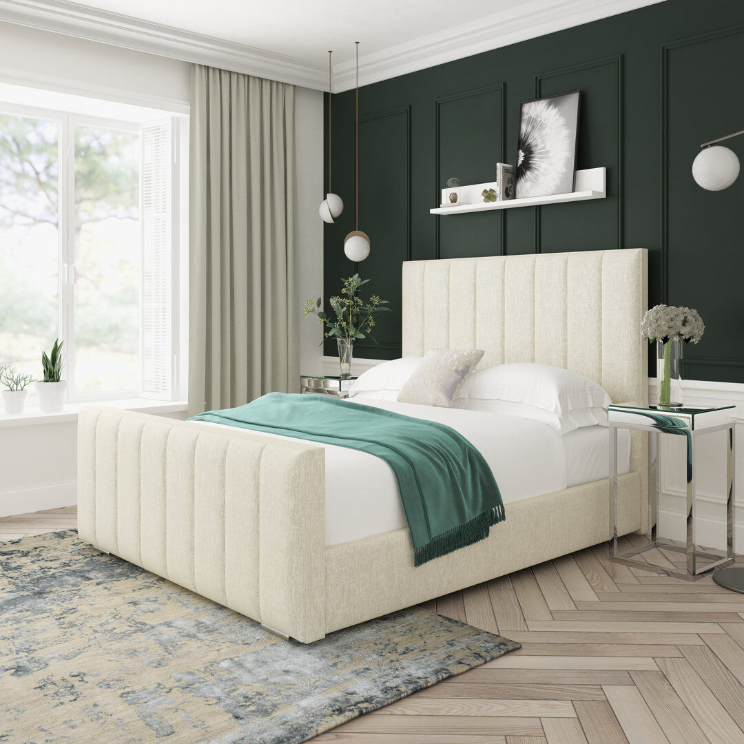 17 Stories Oakley Chenille Upholstered Ottoman Bed Frame Cream Kingsize (5')