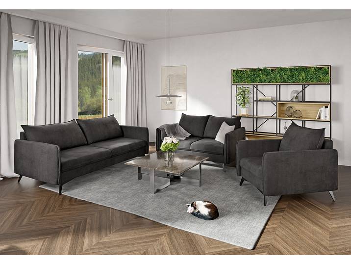 S-STYLE MÖBEL - Helix - Moderne Polstergarnitur 3+2+1 mit Schwarz Metall Füßen aus Graphit Luxusmikrofaser, B/T/H: 3er - 199 cm / 91 cm/ 86 cm