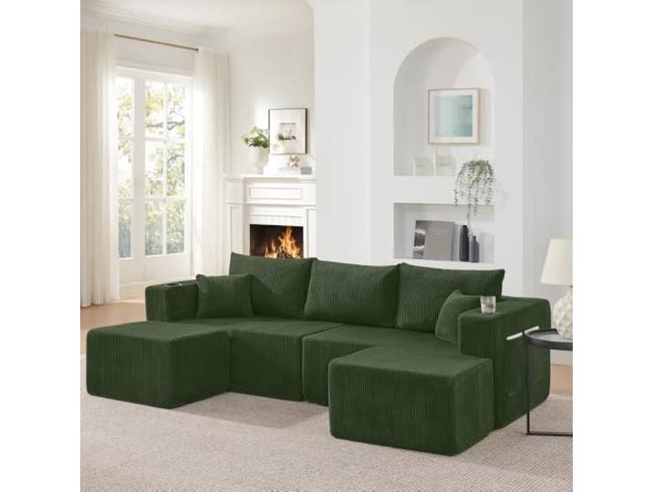 XINGNING L-Form Modulares Ecksofa 3-Sitzer Cordstoff Sofa mit Ottomanen Getränkehalter Seitentasche Kissen für Wohnzimmer Hotel Mietwohnung (Green)
