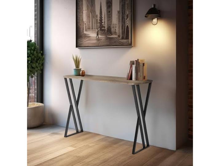 Wohnando Vintage Konsolentisch Metall 100x30x75 cm Flurtisch Pinie Optik Schmales Sideboard im Industrie-Design, stabiler Beistelltisch mit Metallbeinen für Flur und Wohnzimmer, Natur & Schwarz