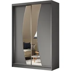 KLEIDERSCHRANK mit Spiegel-Schiebetüren und Aluminium-Leisten, LED-Beleuchtung (- VOXI - 150 cm Grau