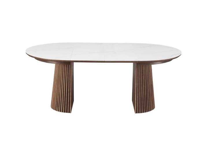 Table à manger ronde extensible en céramique effet marbre / bois foncé