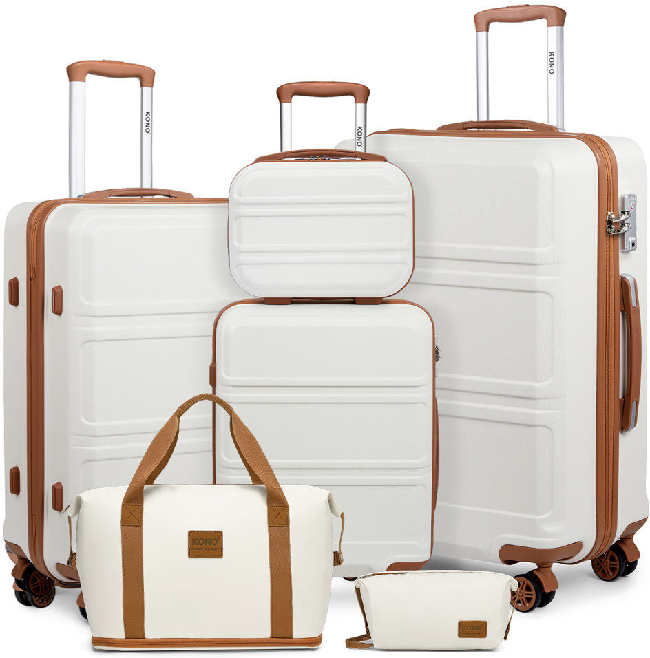 LUNO FASHION LIMITED KONO 6-Piece Luggage Set, Lightweight ABS Hardside Spinner Suitcases with Tote & Toiletry Bag, Multiple Colors Available (Black/Grey/Cream White) Cream White 75cm H X 48cm W X 30cm D
