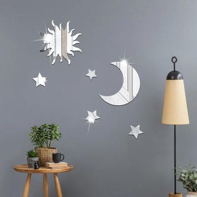 Uplift Essentials Star And Moon Mirror Wall Stickers Set Acrylic Self Adhesive Removable Decor 6 Pieces silver
