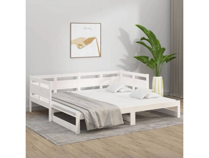 Lit coulissant - UU - Blanc - Bois de pin massif - 203 5x160x66 cm étendu - 203 5x86x66 cm non étendu