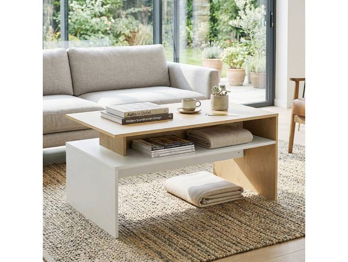 HOMCOM Table Centrale Bois Naturel Blanc avec Étagère Décalée