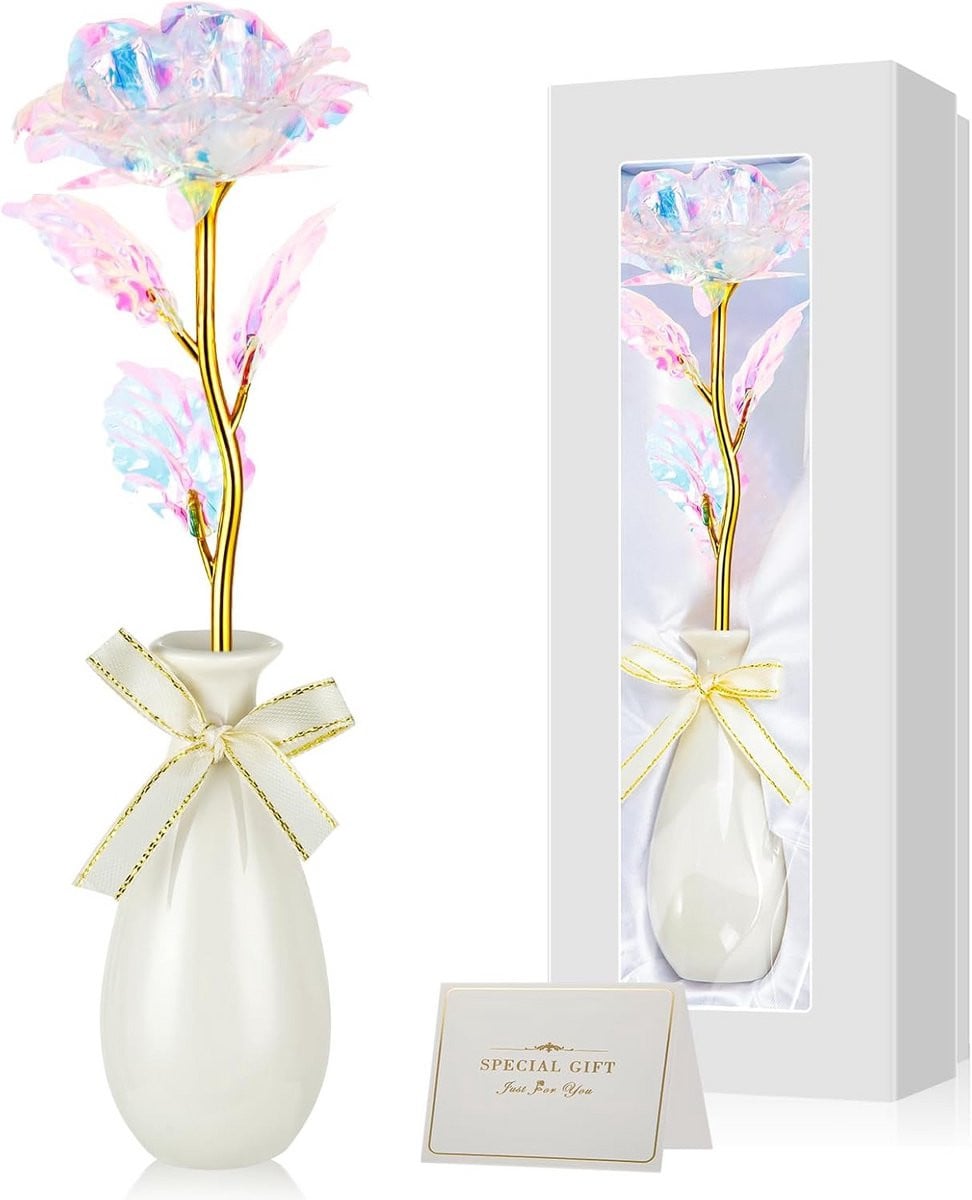 Eeuwige gouden roos in glas met standaard