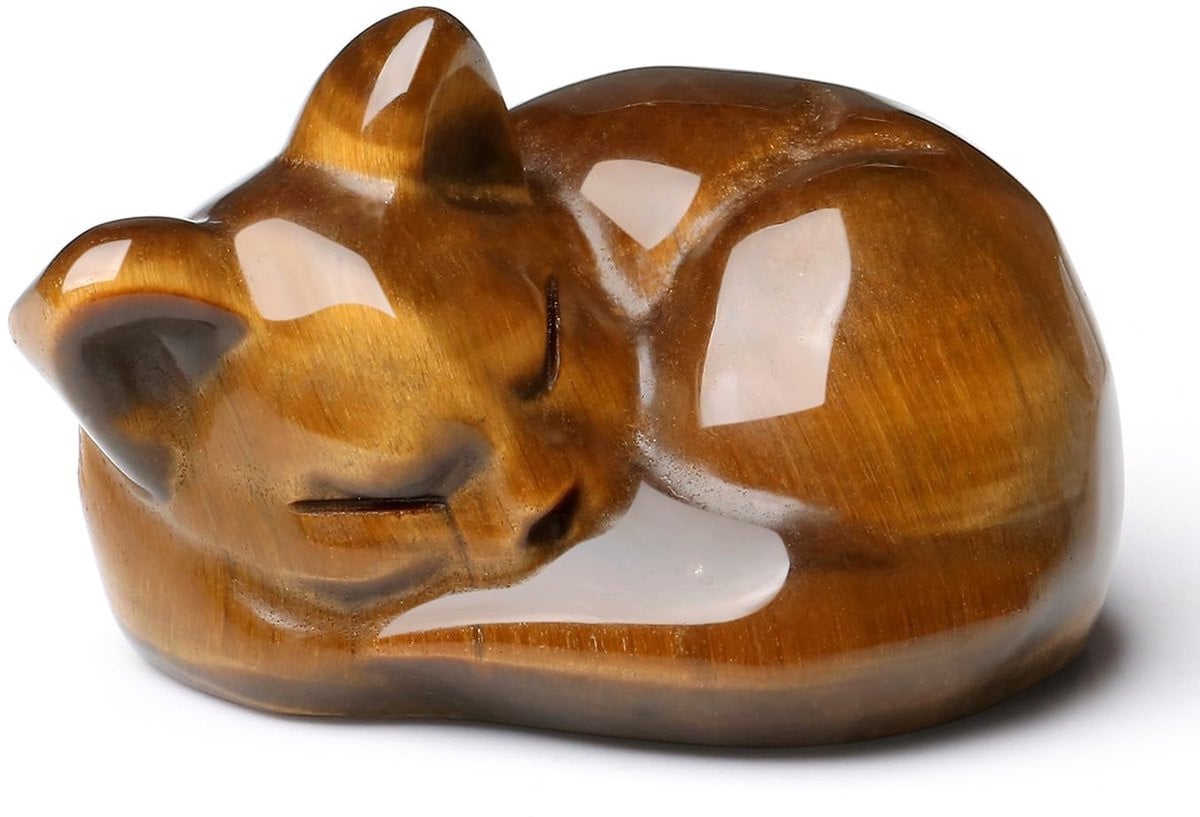 Gepolijst Kattenbeeldje van Tijgeroog Kristal - Slapende Kat voor Bureau Decoratie