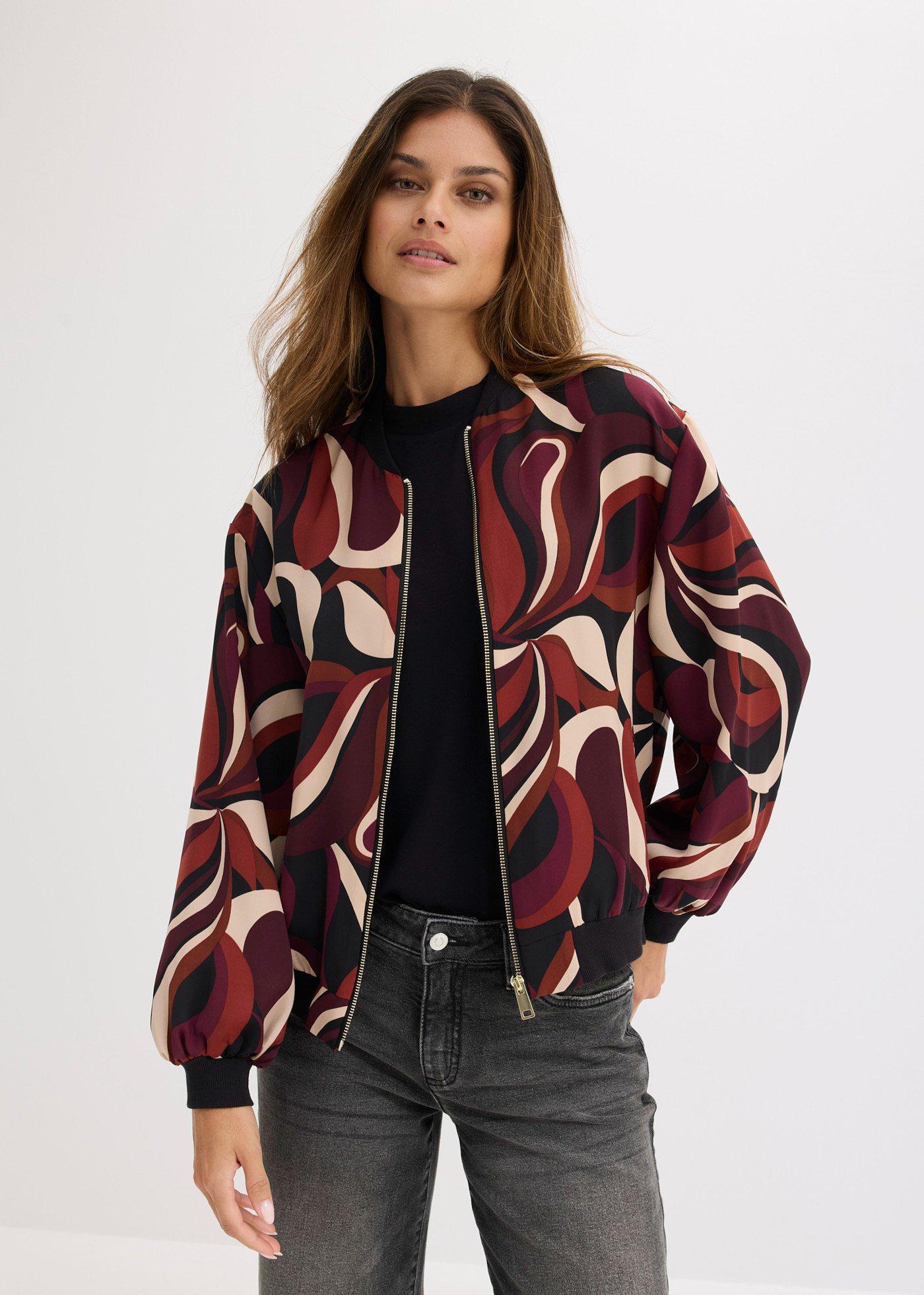 bonprix Blouson aus fließendem Satin, rot, Gr.42, modisch bedruckter Blouson aus fließendem Satin mit Reißverschluss vorne, aus Satin