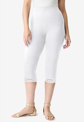 Plus Size Women's Lace Trim Essential Stretch Capri Legging by Roaman's in White (Size S) Activewear Workout Yoga Pants