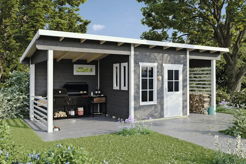 Gartenhaus SKAN HOLZ Namur inkl. Fußboden, seitliche Überdachung, Brüstung 750 x 315 cm schiefergrau