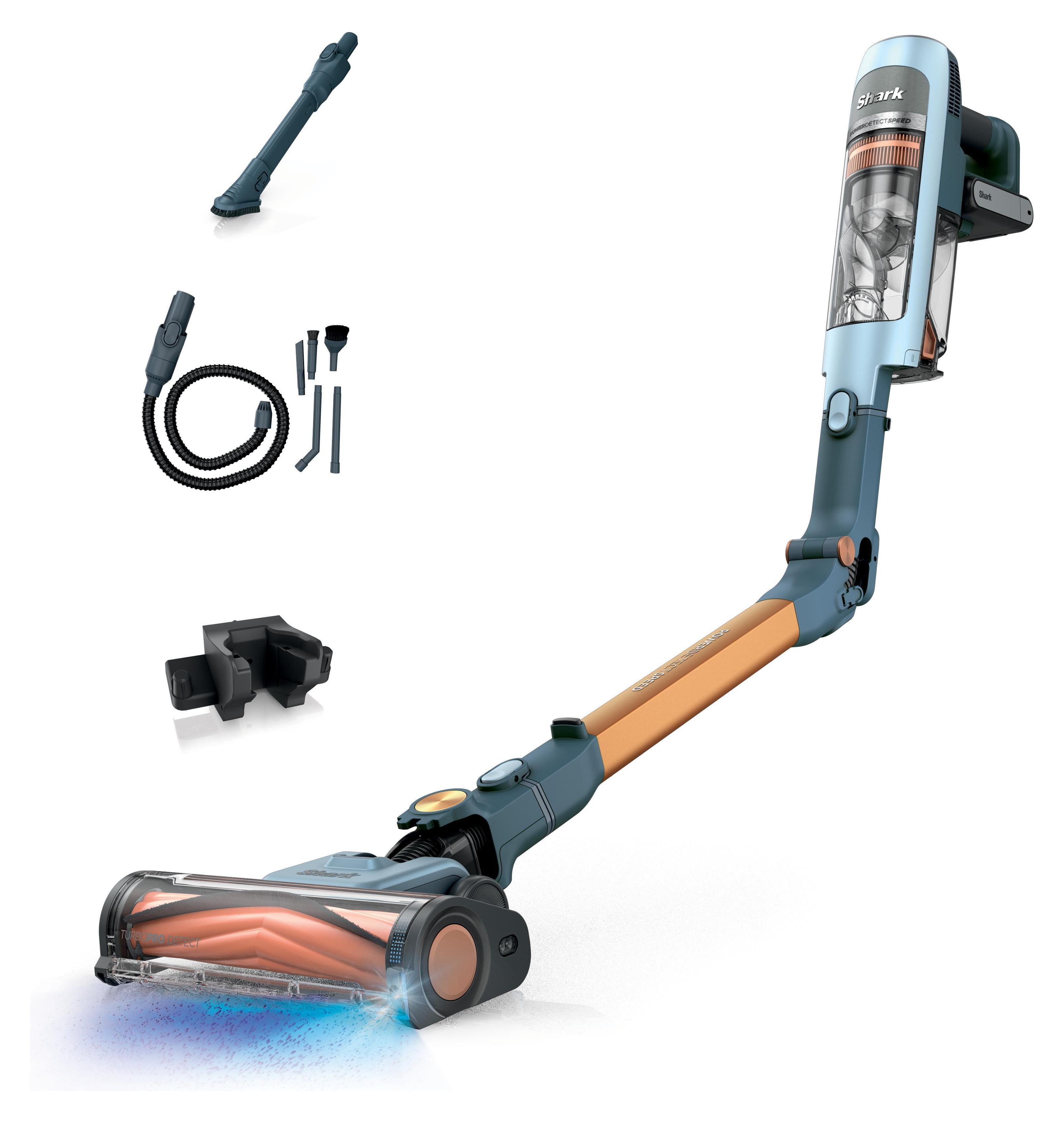 Shark IA1244EU Akku Staubsauger (kabellos, beutellos, 350 Watt, 0,5 l Fassungsvermögen, Ladestation, Wandhalterung, Auto-Reinigungsset, Eisblau)
