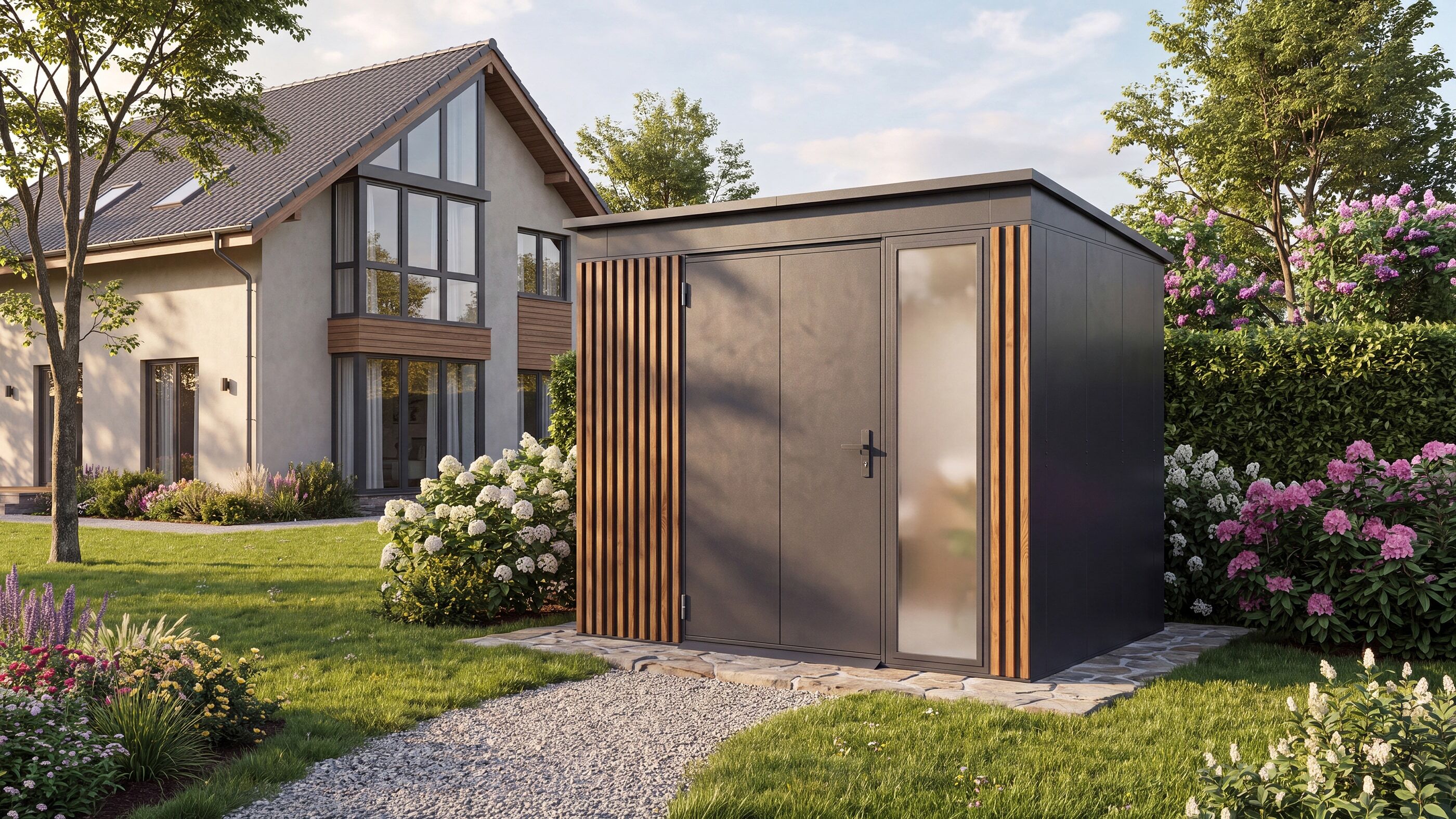 Gerätehaus WEKA "Gary Gr. 5, aus Metall mit Holzoptik, anthrazit", beige (anthrazit), Metall, Gerätehäuser, Gerätehaus, aus pulverbeschichtetem, verzinktem Stahl