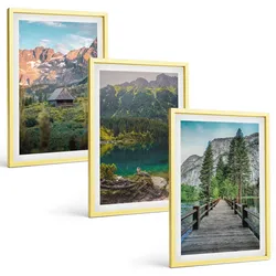 BILDER SET 3er Set - 40x60 cm Goldrahmen - Berglandschaft See Brücke