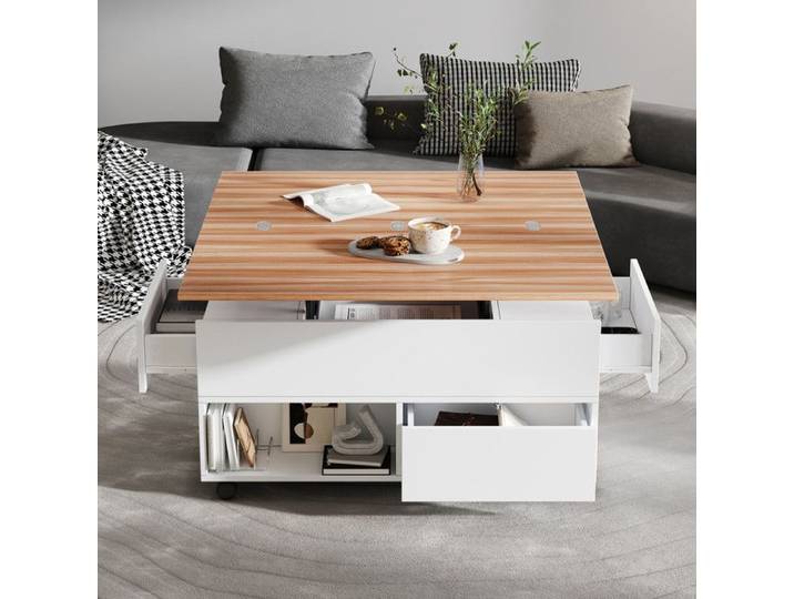 Table basse 100 * 50 * 52cm avec 4 roulettes table de salon multifonctionnelle avec 4 tiroirs table basse relevable blanc +bois