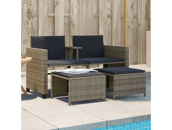 VIDAXL Canapé de jardin 2 places - Siège de jardin - avec table et tabourets gris rotin 132x59.5x77 cm M11385