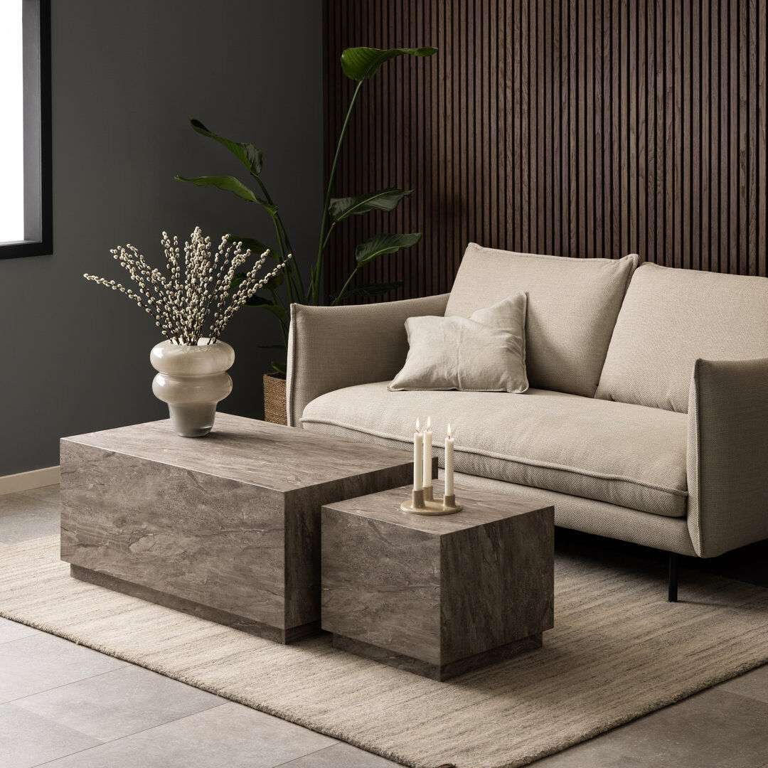 Ivy Bronx Dice Coffee Table Set in Grey Marble Grey