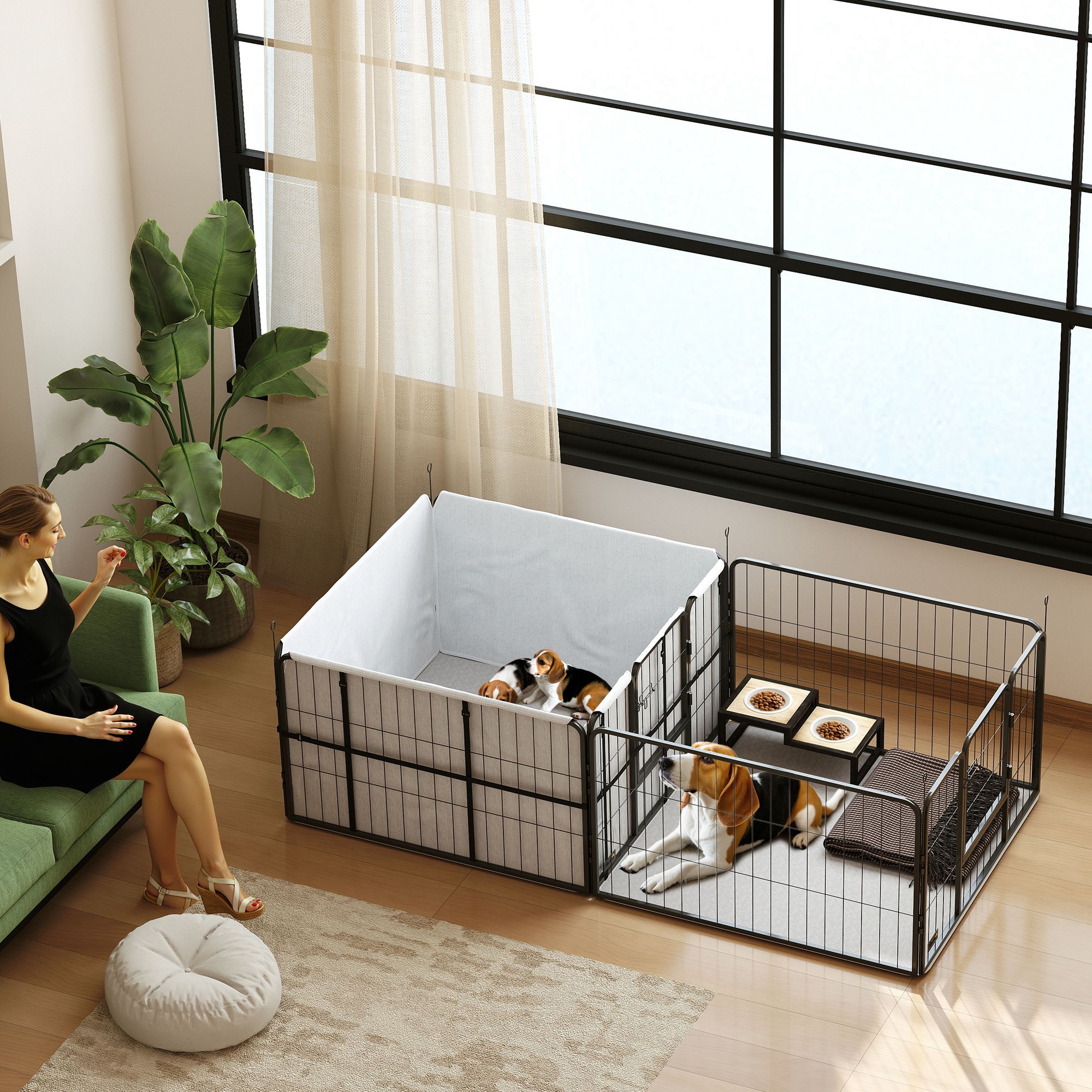Pawhut Box maternità per cuccioli, recinto per cuccioli con 7 pannelli, 2 sezioni, tappetino lavabile, 203x102x60cm Nero   Aosom Italy