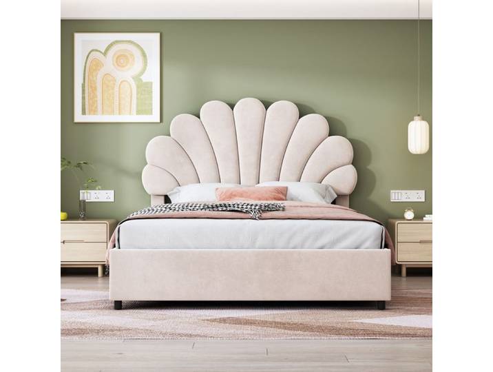 Lit - KOMHTOM - Lit capitonné - 140x200 cm - Velours beige - Rangement hydraulique