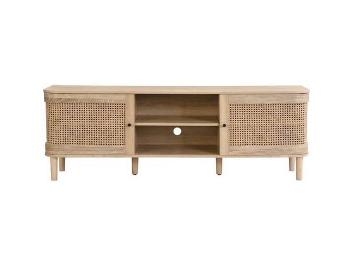 Meuble TV 2 portes couleur chêne et cannage 160 cm - Bali