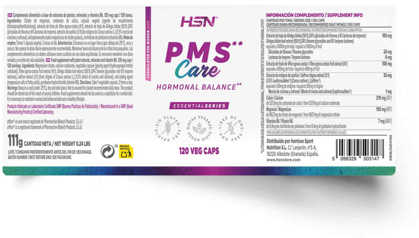 HSN PMS Care - 120 veg caps - Menstruación - Cápsulas Vegetales - 120  Servicios