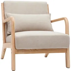 Sessel aus hellem Holz und beigem Stoff mit Samteffekt DERRY
