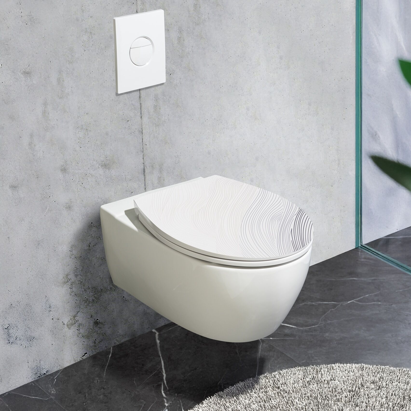 WC-Sitz WENKO "Menin", weiß (mehrfarbig), B:38cm L:44,5cm, Duroplast, WC-Sitze, WC-Sitz, Toilettensitz aus Duroplast mit Relief-Oberfläche, Absenkautomatik