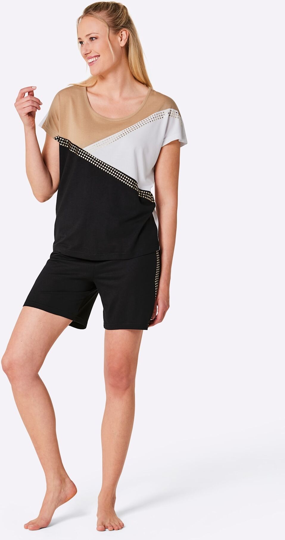 Shorty WÄSCHEPUR, Damen, Gr. 52/54, beige (camel, schwarz, ecru, camel), 50% Baumwolle, 50% Viskose, Homewear-Sets Shorty camel, schwarz, ecru, camel 52/54
