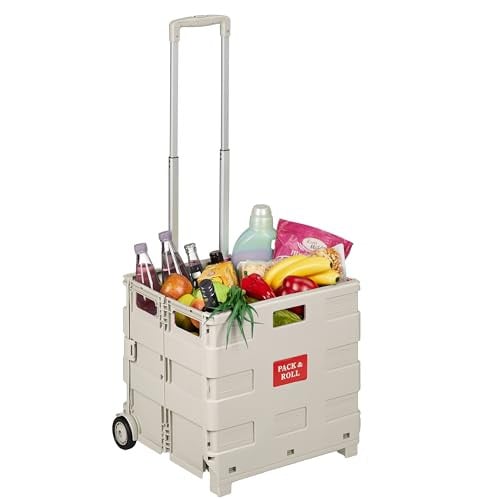 Relaxdays Boodschappentrolley met wieltjes, opvouwbaar, beige