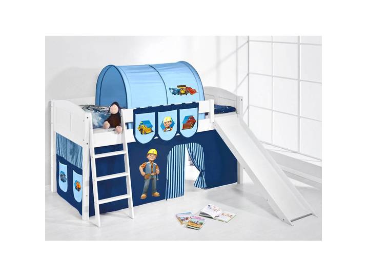 Hochbett Bob der Baumeister 90 x 200cm Weiß mit Rutsche/mit Leiter