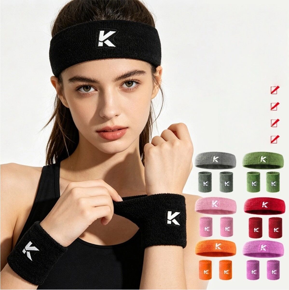 INF Reines Baumwoll-Sportset Stirnband und Handgelenksband — Atmungsaktiv, Schweißableitend, Elastische Passform, Mehrere Farben Schwarz