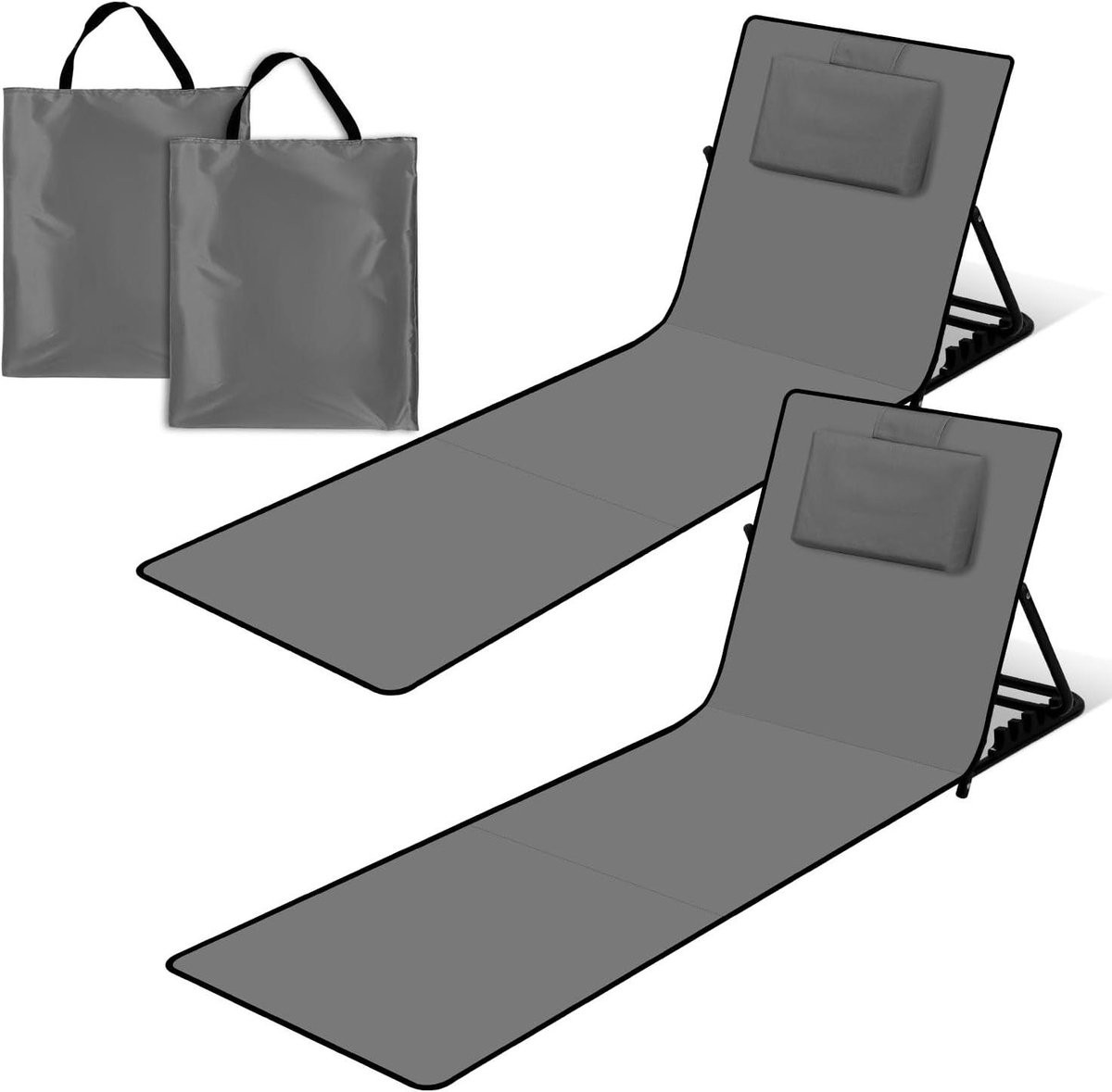 Strandmat met rugleuning - Strandstoel ligmat - 5 standen verstelbaar - Grijs - 145 x 50 cm
