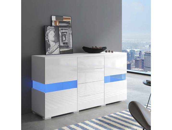 Buffet Blanc Brillant Moderne avec lumières LED Meuble Rangement pour Salon 2 Portes en Acrylique 4 Tiroirs 140x35x72cm