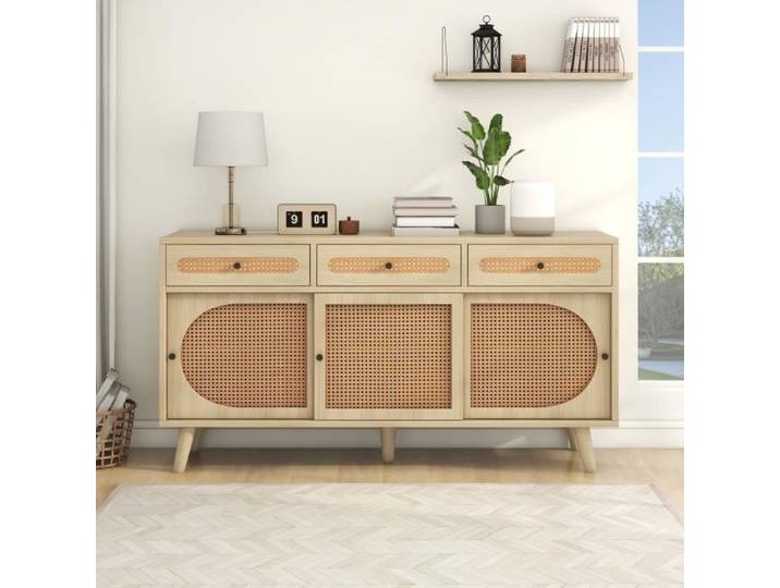Buffet - LEYTN - 140x40x78cm - 3 tiroirs - 3 portes coulissantes - Étagères réglables