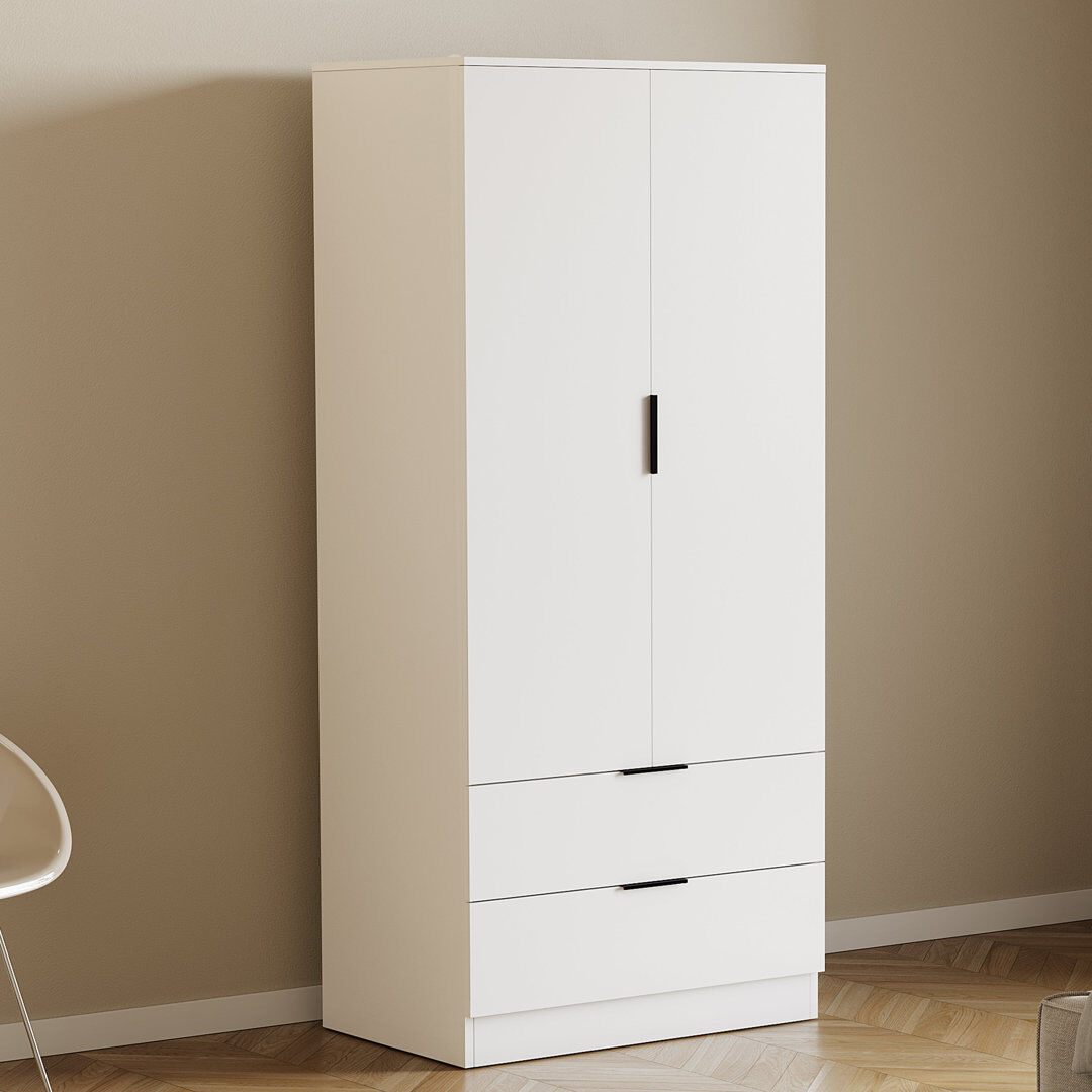 17 Stories 2 Door 2 Drawer Wardrobe Modern Bedroom Storage Solution for Clothes and Accessories White 170cm H X 76cm W X 53cm D