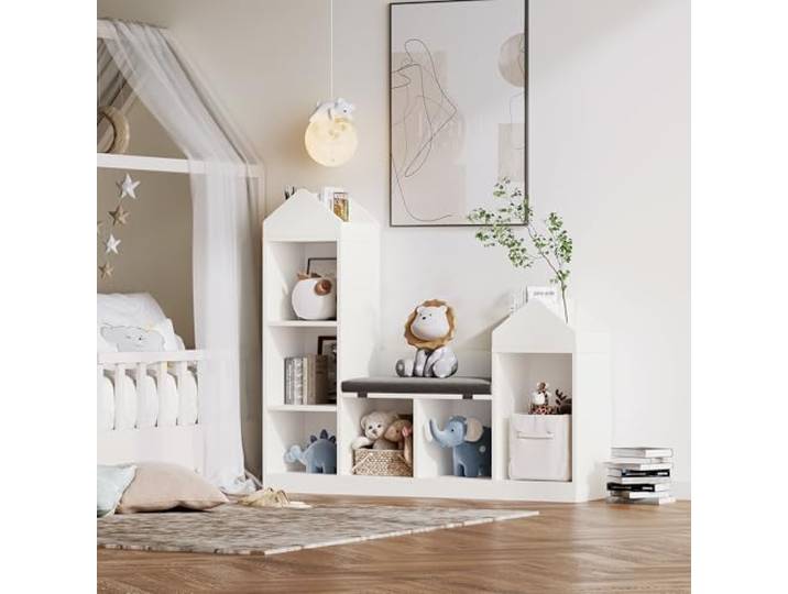 Zstar Kinder Bücherregal mit Leseecke und 6 Fächern Spielzeugaufbewahrung mit Sitzkissen und Holz-Sitzbank, ideal für Kinderzimmer, Spielzimmer und Klassenraum, Weiß