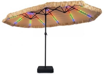Costway 15 x 9 FT Solar Double-sided Patio Umbrella wITH 144 Multi-colored Flowing Lights and Umbrella Base-Brown
