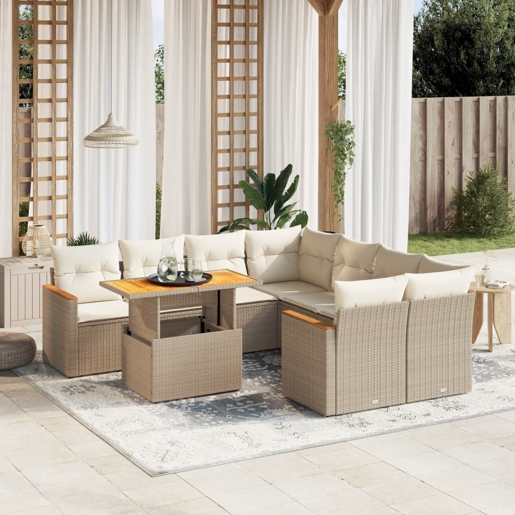 Prolenta Tuinset 9-delig met kussens, beige, polyrotan