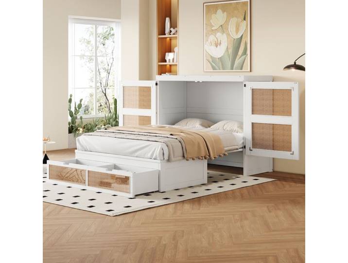 Lit escamotable - DREAMMESPACE - 140x200 cm - Design rotin - Blanc - Multifonctionnel