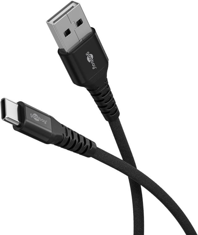 Goobay 74525 USB-C naar USB-A verbindingskabel met textielkabel en metalen connectoren, zwart, 0,5 m