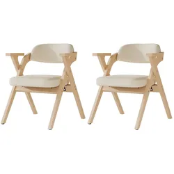MODFU Klappbarer Esszimmerstuhl aus Massivholz Beige mit Armlehnen und Leinenbezug, 120 kg belastbar, 2er-Set