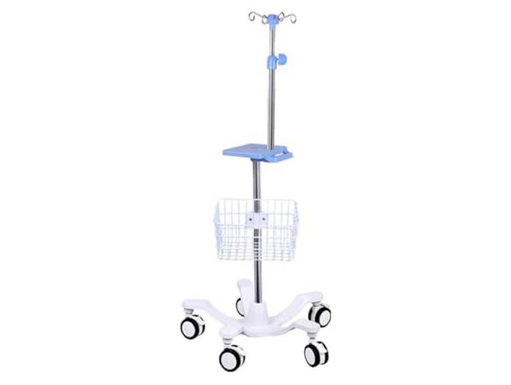 Tragbarer Infusionsständer mit Rollen. Infusionsständer Mit Tablett, Basis aus Gusseisen, Luftdruckpuffer, 5 Rollen mit Bremse infusionsständer