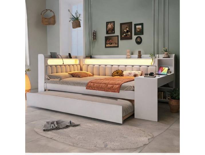 Lit plateforme avec bureau intégré et LEDs USB 140 x 200 cm blanc rembourré