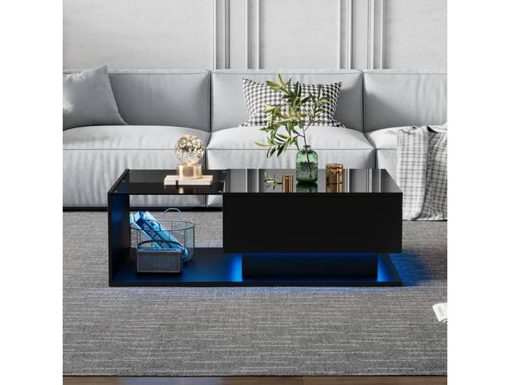 Piaenon - Table Basse Rectangulaire 100x50x32cm avec LED 1 Tiroir Brillant Design Moderne Salon - noir