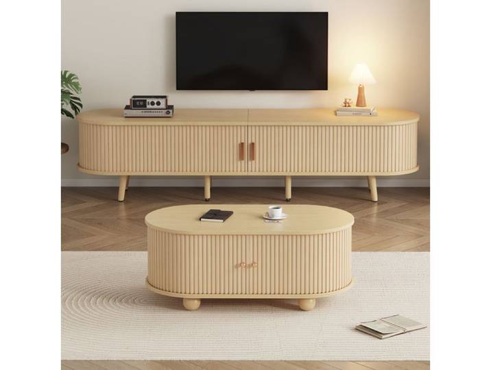 HOMVRA Ensemble meuble TV et table basse ovales MDF noyer clair rangements
